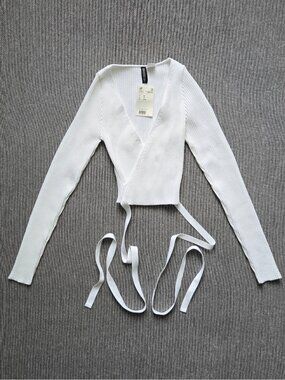 H&M Divided Ribbed White Ballet Wrap Top Cardigan XS